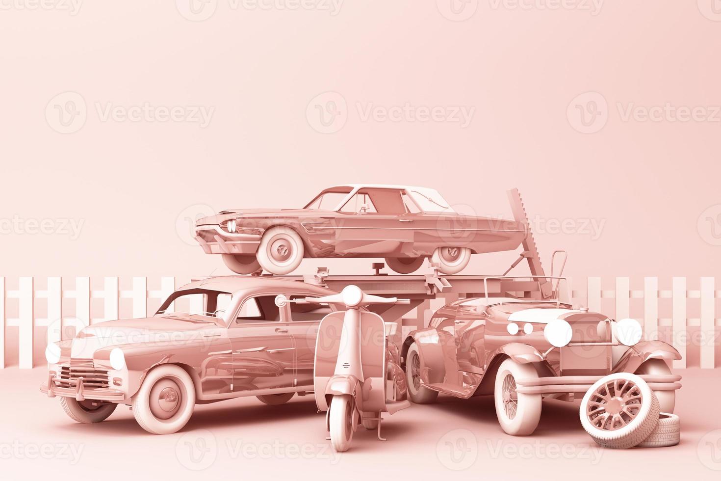 Vintage cars in pink pastel color with vintage scooter on pastel background. 3d rendering photo