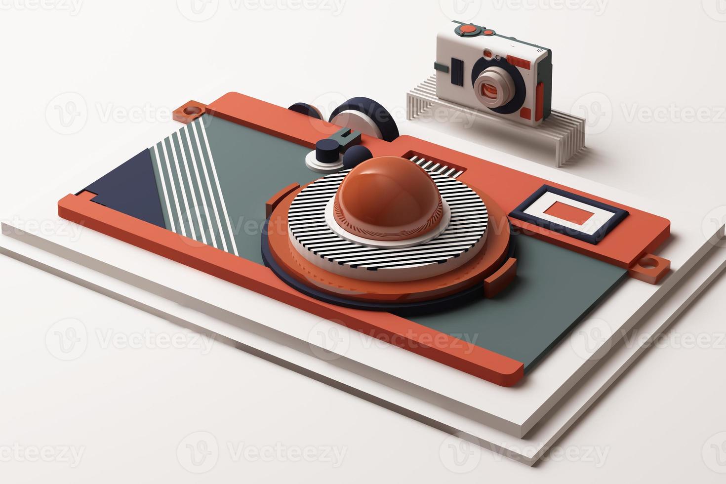 Design with composition the camera of geometric memphis style shapes in pastel tone. 3d rendering illustration photo