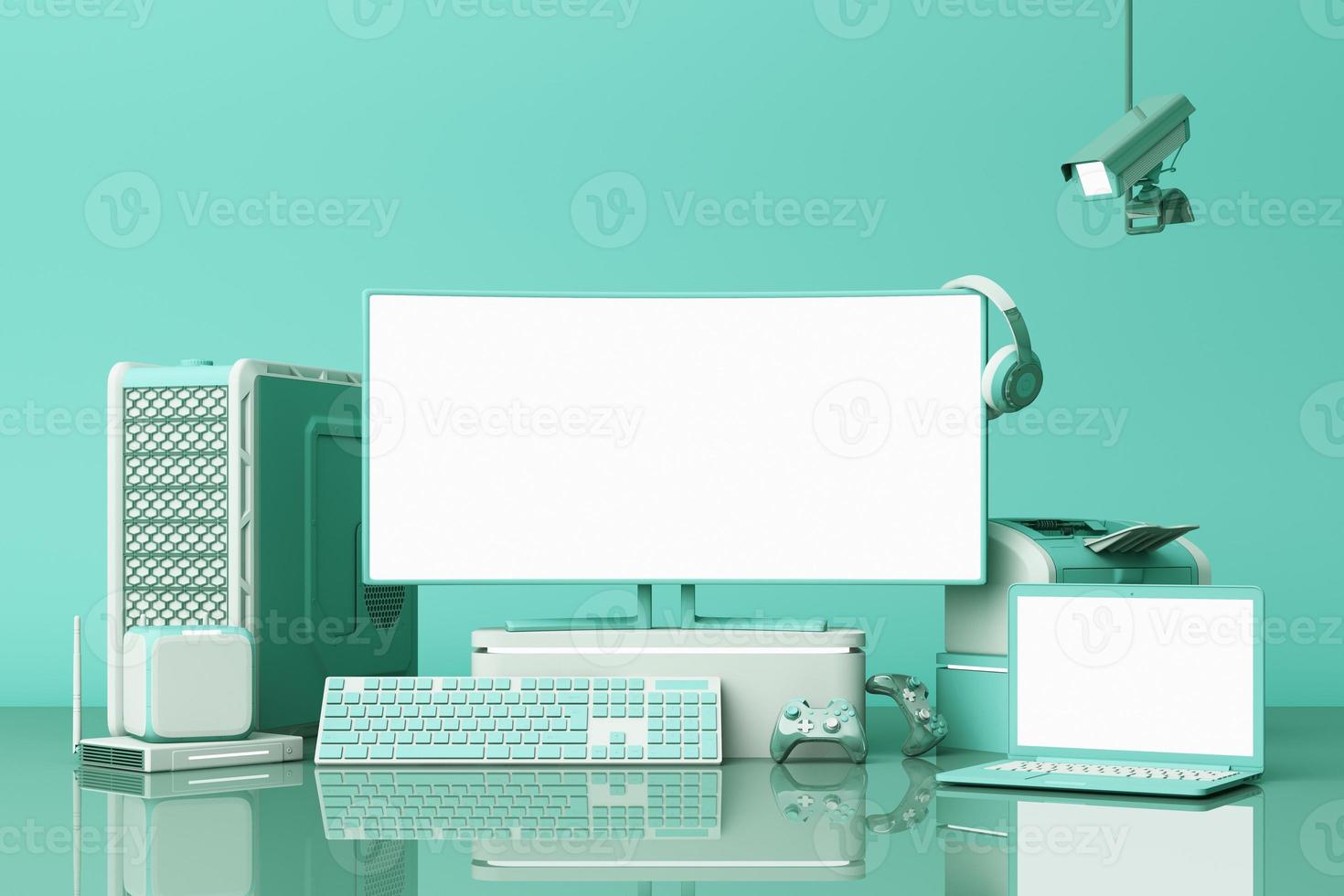 Computer and loptop white screen with many gadgets on teble in pastel tone. 3d rendering photo