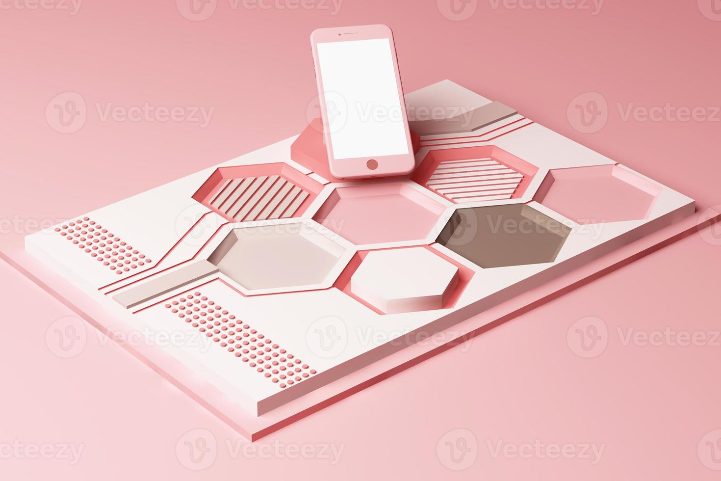 Smartphone with technology concept, Abstract composition of geometric shapes platforms in orange and pastel color. 3d rendering photo