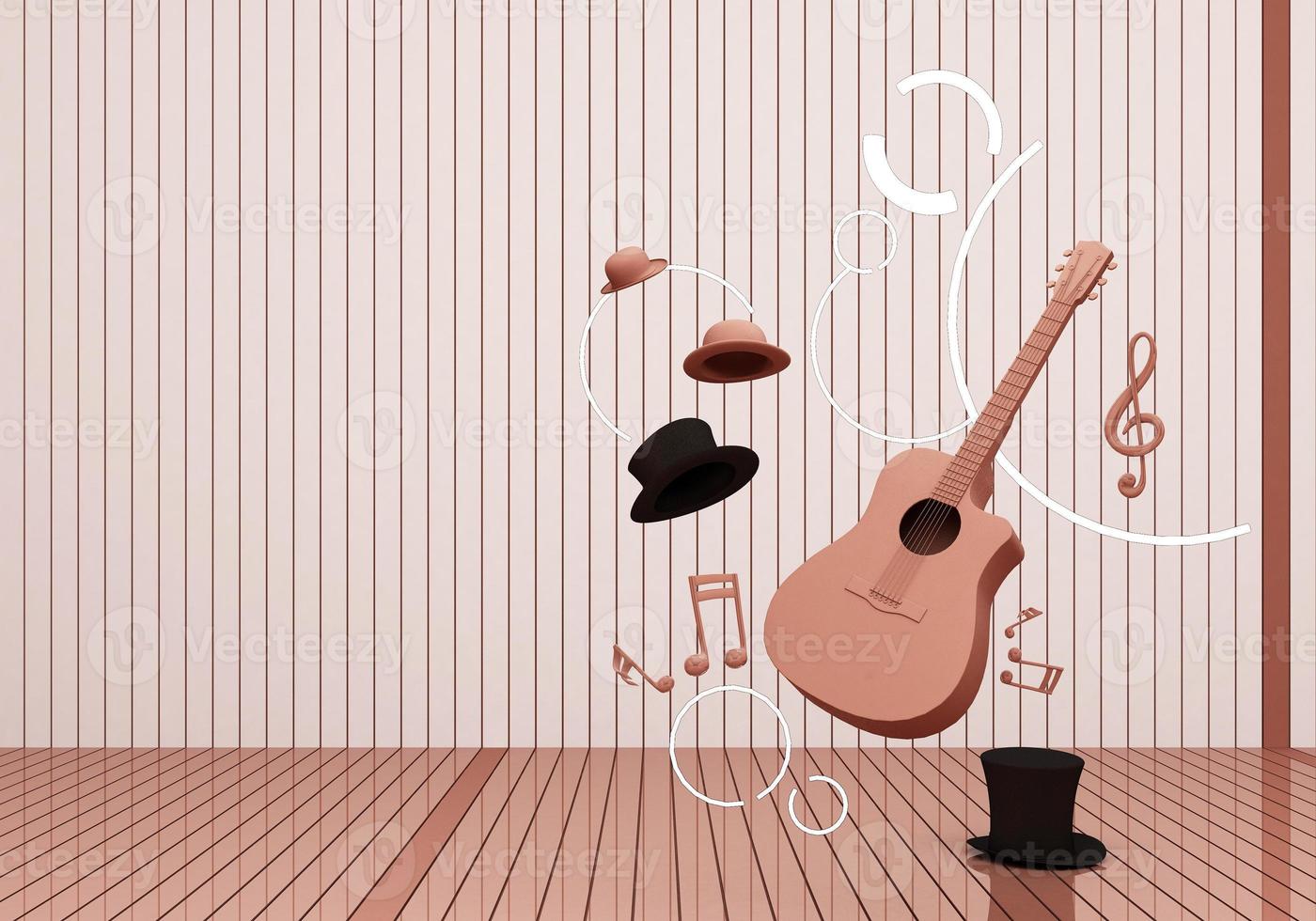 guitar and black hat with music keys on a yellow floor and background 3D Render. photo