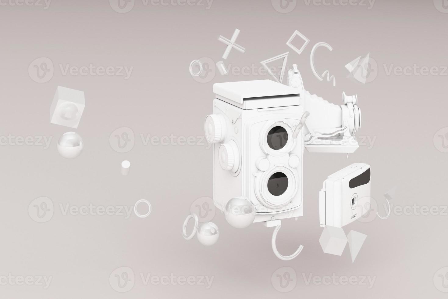 Colorful vintage camera surrounding by memphis pattern on a pastel background. 3d render. photo