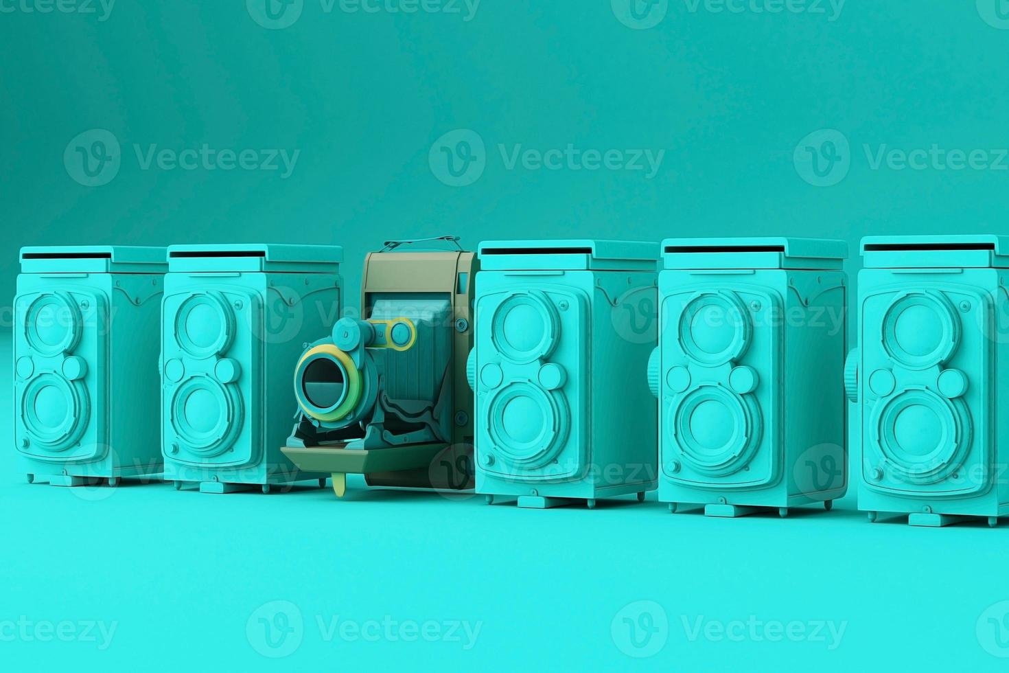 Colorful vintage camera surrounding by memphis pattern on a pastel background. 3d render. photo