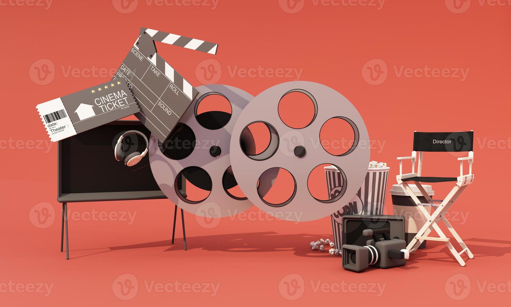 Productor de cine conceptual: esto incluye la silla del director, rollos de película, monitores, directores de fotografía, entradas para el cine y equipo de filmación, y una discreta claqueta de fondo. renderizado 3d foto