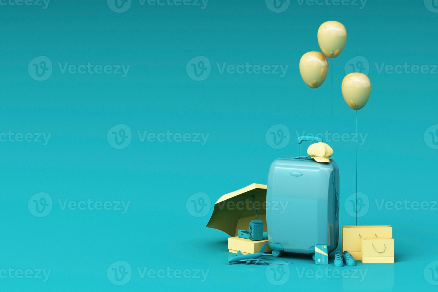 Suitcase with traveler accessories on cream background. travel concept. 3d rendering photo