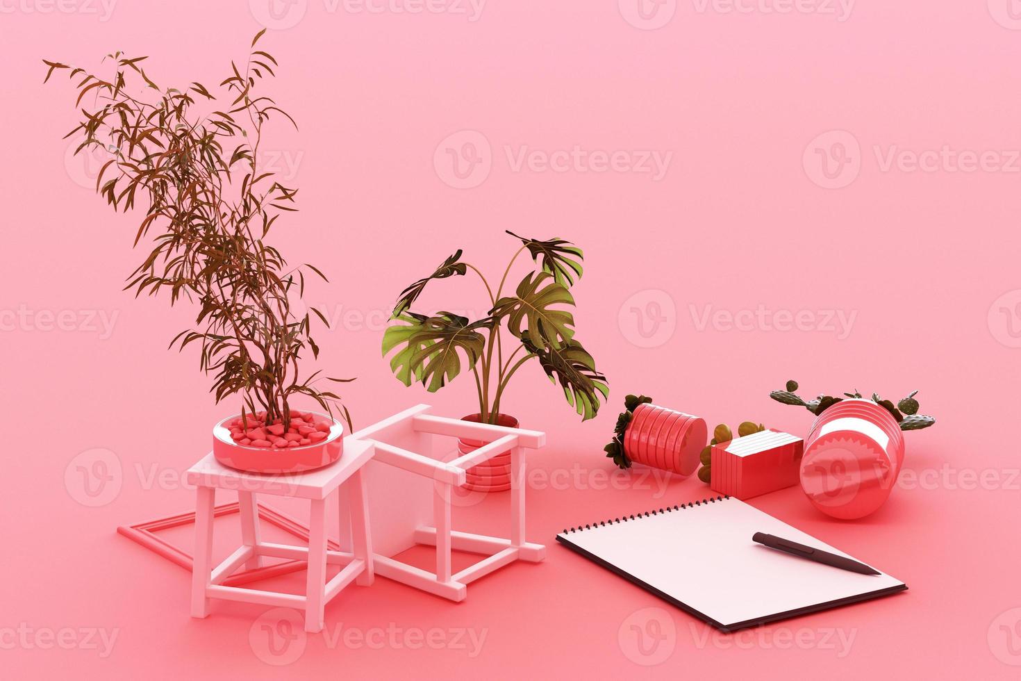 A4 flipped paper with black clipboard, potted plant, cactus, frame and pen on pastel background. 3d rendering photo