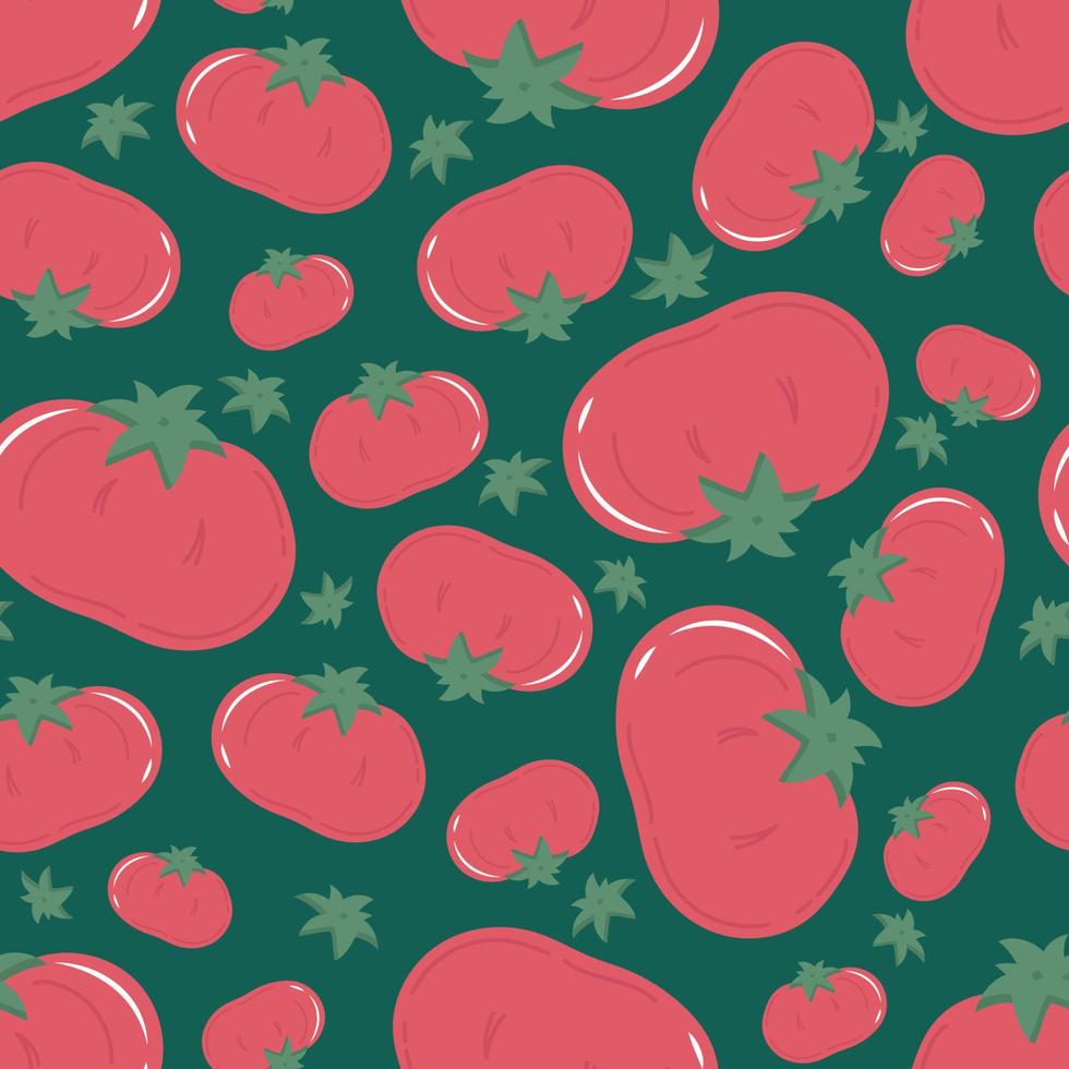 Cartoon red tomato seamless pattern.  Hand drawn vegetable with leaves. Organic food, healthy eating. Flat vector illustration.