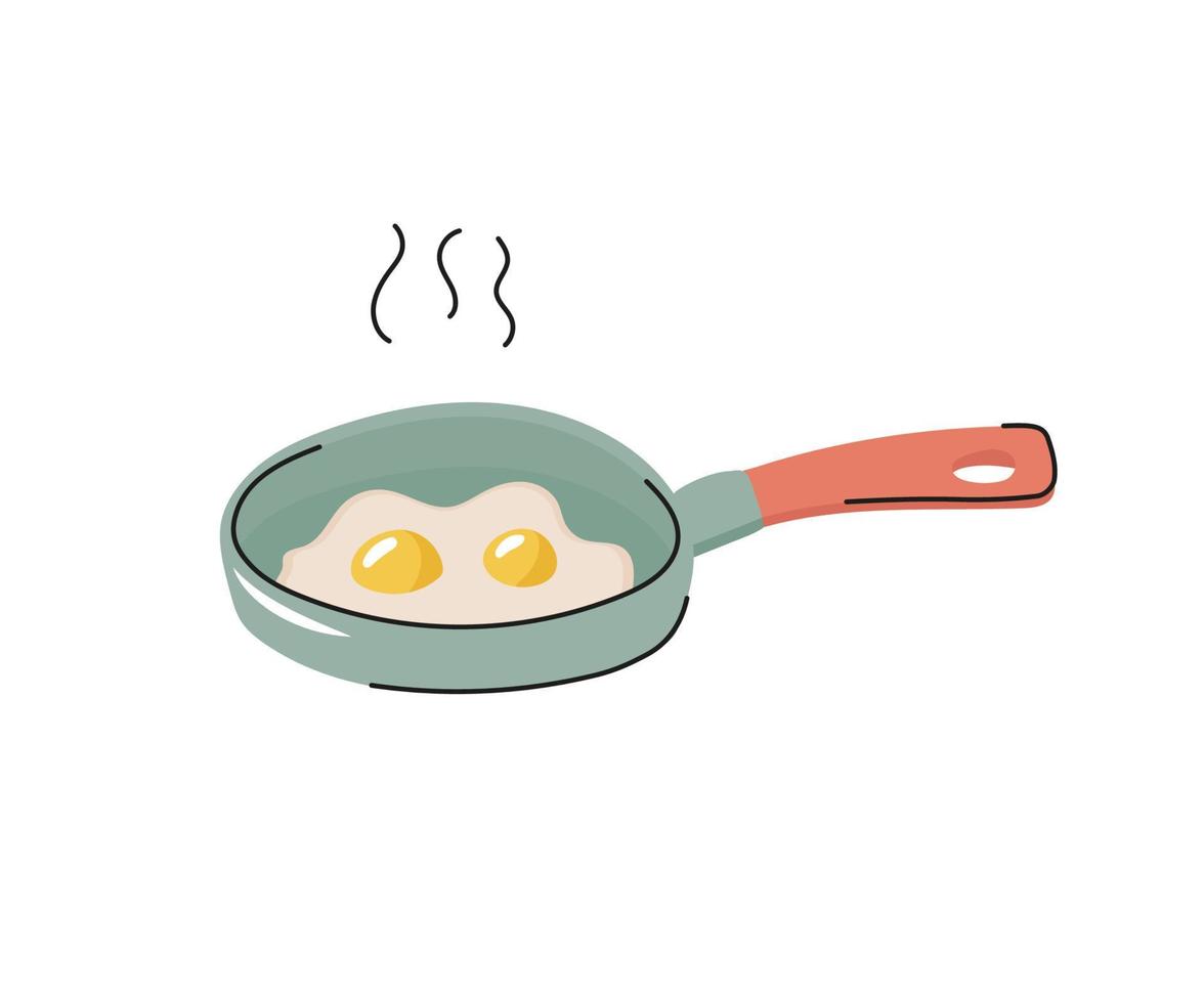 Cute cartoon hand drawn pan with fried eggs.  Kitchen utensil isolated on white background. Equipment for camping. Flat vector illustration.