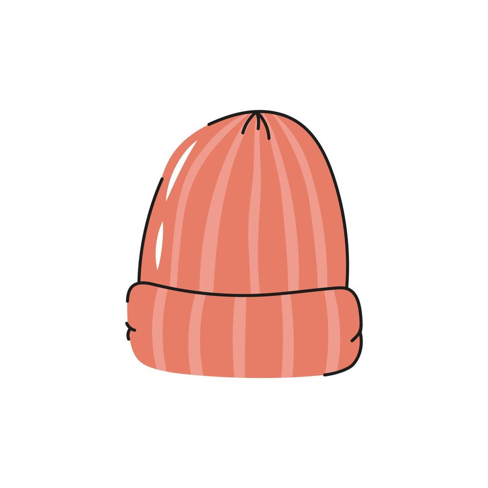 Cartoon hand drawn winter hat.  Tourist accessory, headwear for walking, hiking, camping, trekking. Flat vector illustration.