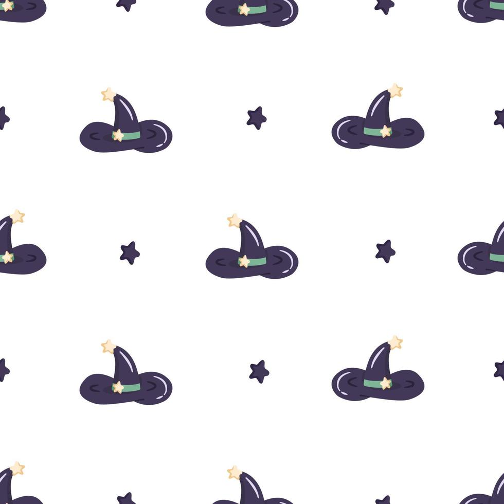 Cartoon wizard hat vector seamless pattern.  Decorative element for Halloween party. Magic cap for holiday design. Suitable for fabric, textile, wrapping paper, wallpaper.