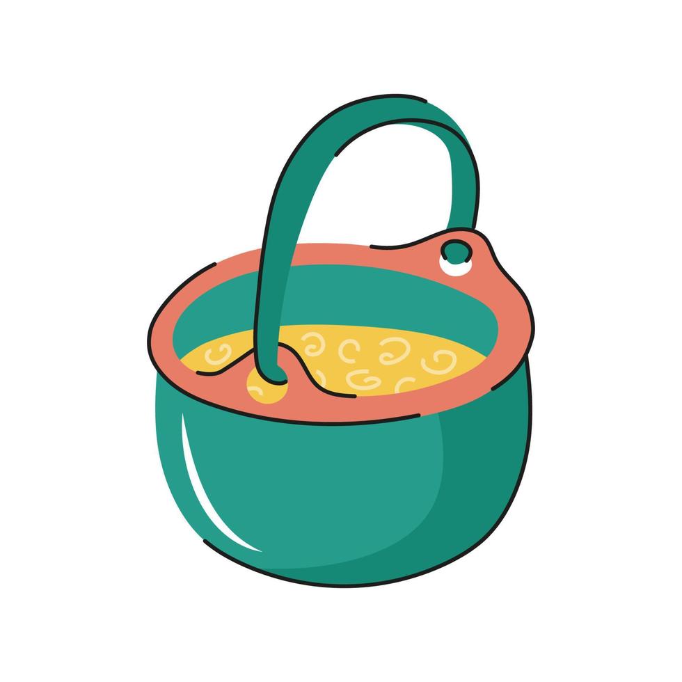 Cartoon hand drawn camping cauldron.  Kitchen utensils, equipment for camping, hiking, trekking. Flat vector illustration.