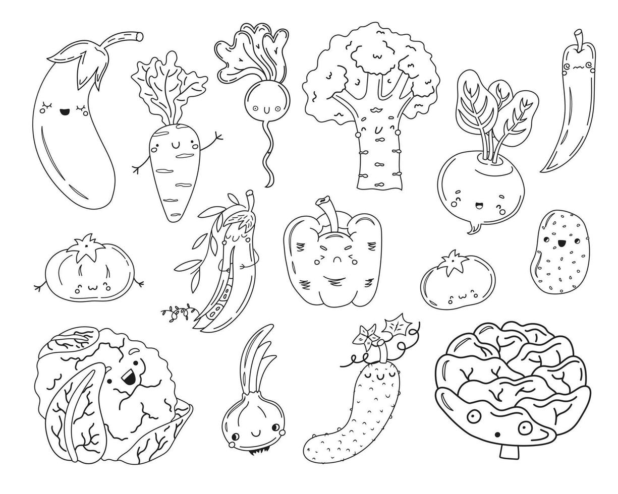 Coloring page with cartoon hand drawn vegetables with funny faces.  Set of funny veggies characters to be colored. Vector illustration.