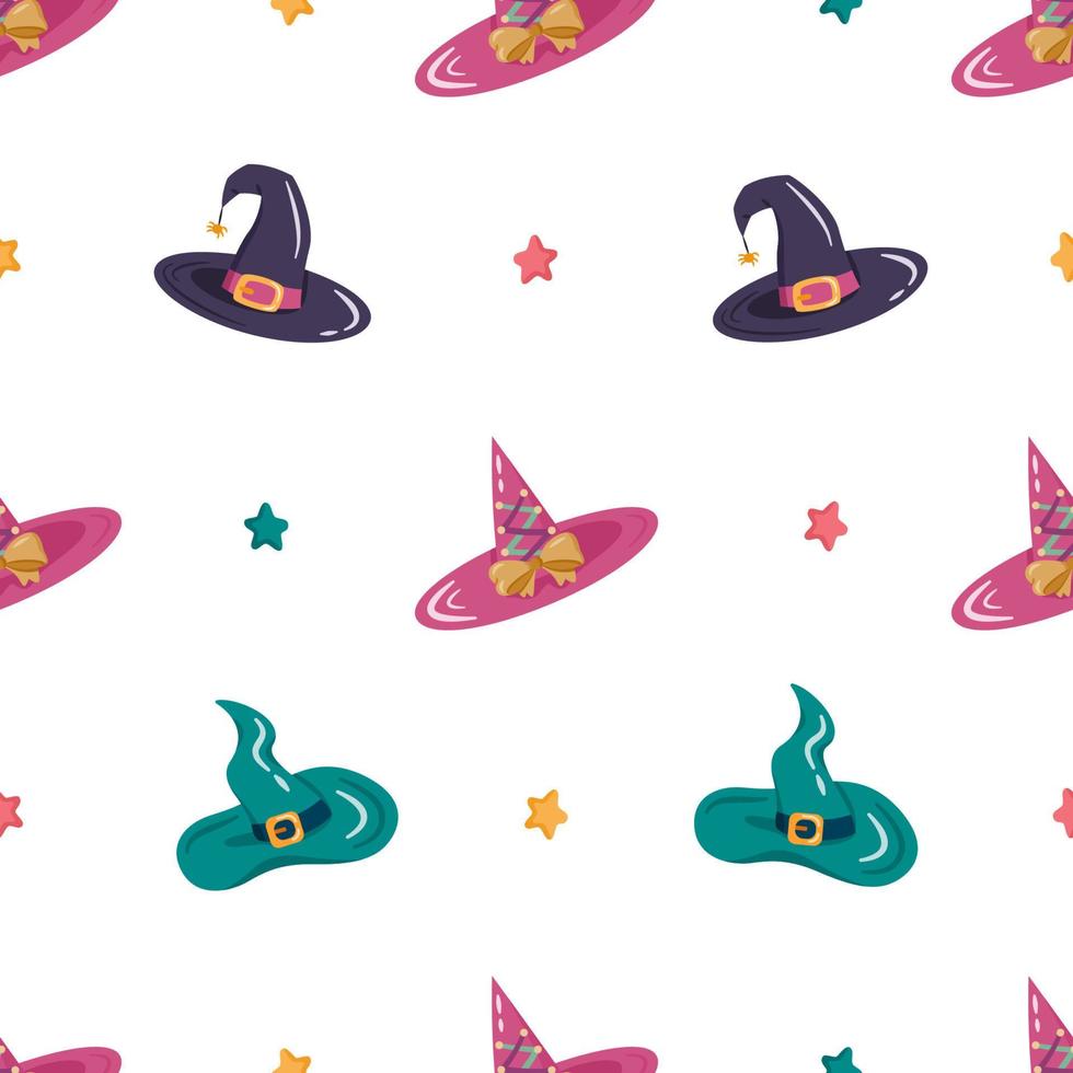 Cartoon witches and wizards hats vector seamless pattern.  Decorative elements for Halloween party with different accessories. Magic caps for holiday design.