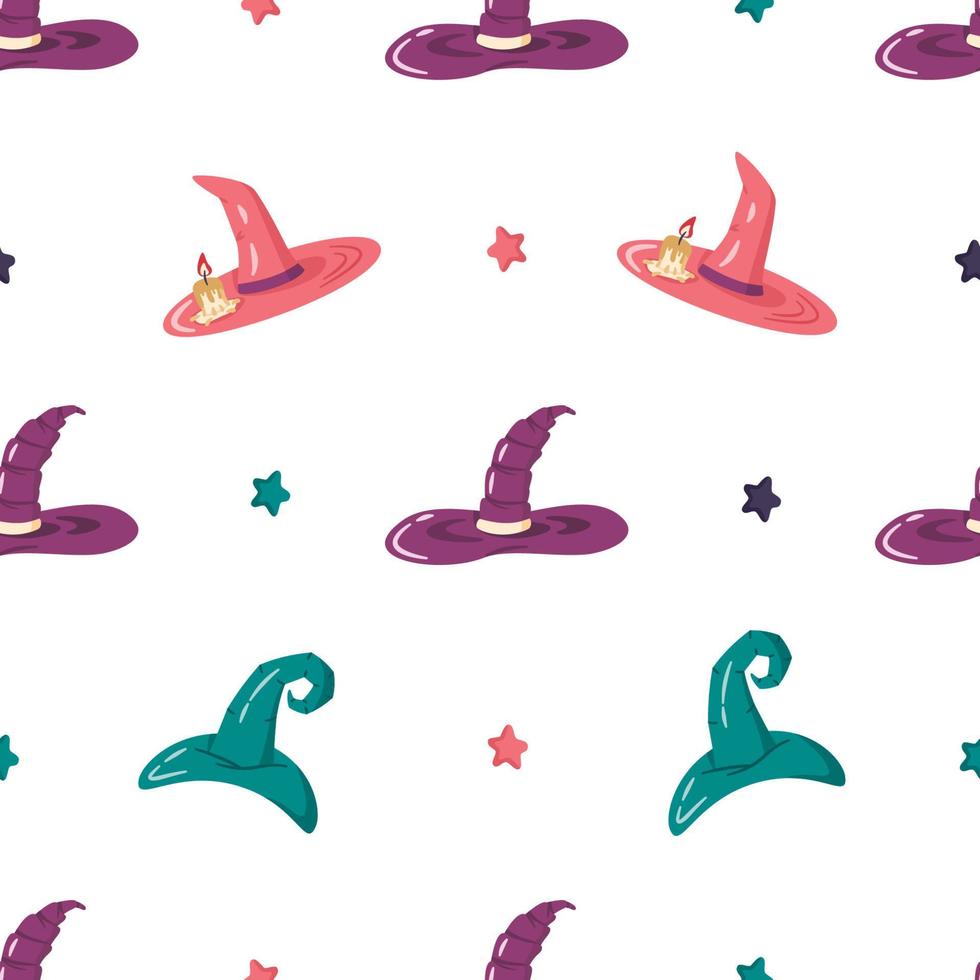 Cartoon witches and wizards hats vector seamless pattern.  Decorative elements for Halloween party with different accessories. Magic caps for holiday design.