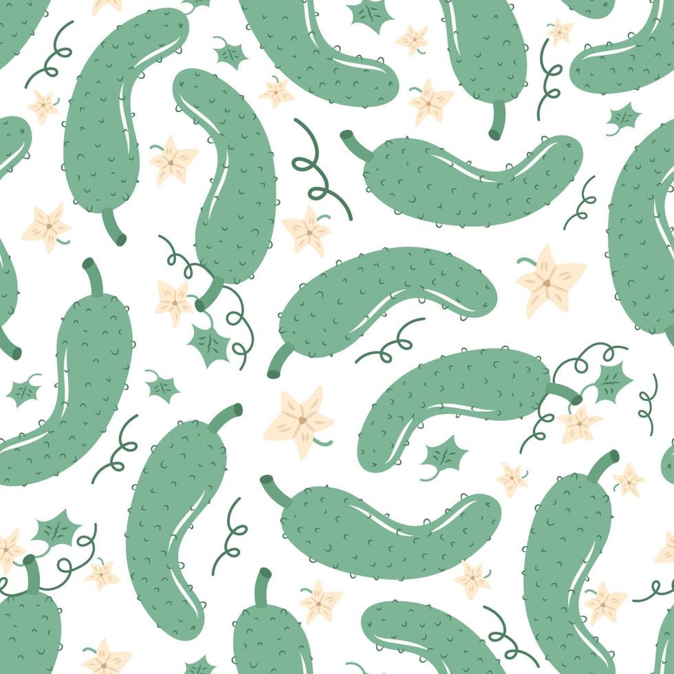 Cartoon cucumber seamless pattern. Hand drawn vegetable with leaves and flowers. Organic food, healthy eating. Flat vector illustration.