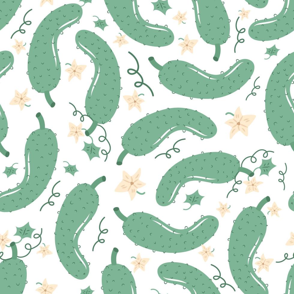 Cartoon cucumber seamless pattern. Hand drawn vegetable with leaves and flowers. Organic food, healthy eating. Flat vector illustration.