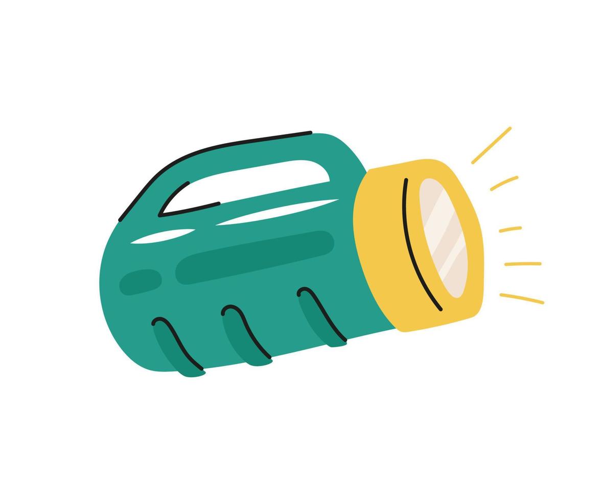 Cartoon hand drawn tourist flashlight with handle.  Equipment for camping, hiking, backpacking. Flat vector illustration.