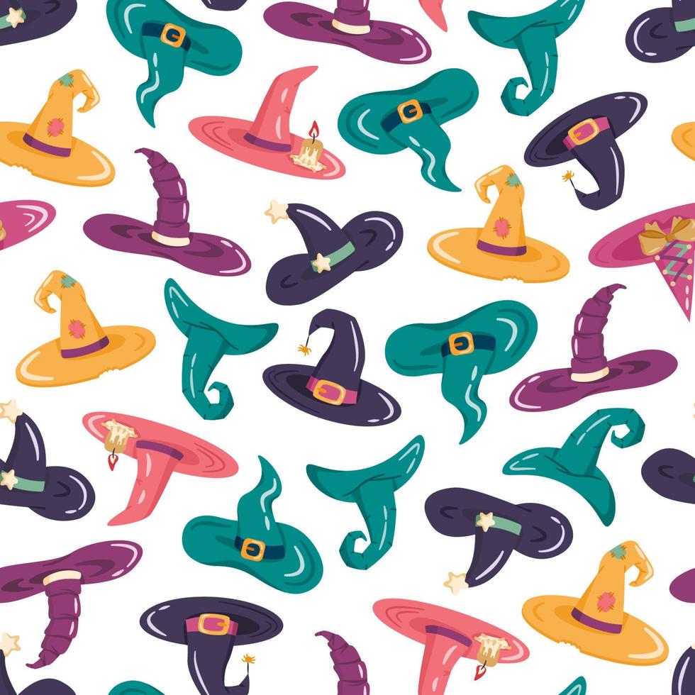 Cartoon witches and wizards hats vector seamless pattern.  Decorative elements for Halloween party with different accessories. Magic caps for holiday design.