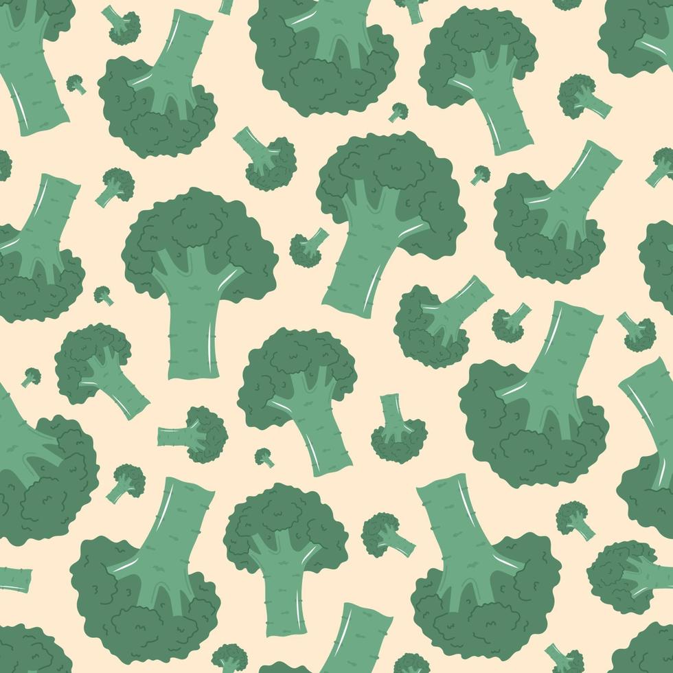 Cartoon broccoli seamless pattern.  Hand drawn vegetable with leaves. Organic food, healthy eating. Flat vector illustration.