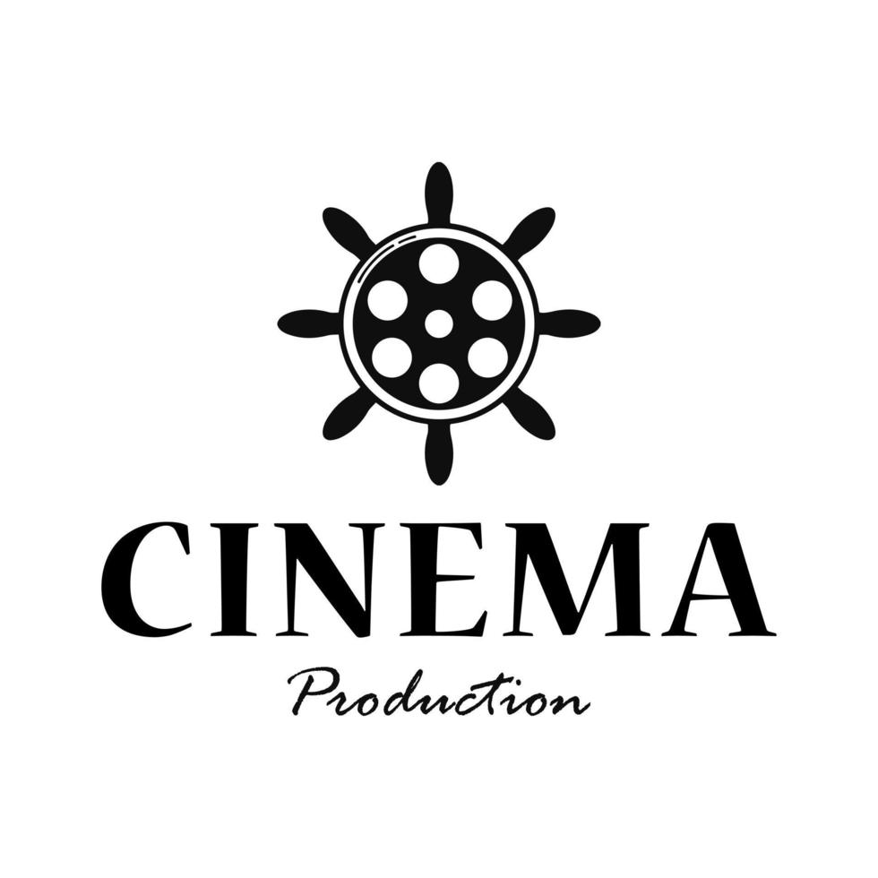 Vintage retro vector ship steering wheel movie cinema production design logo