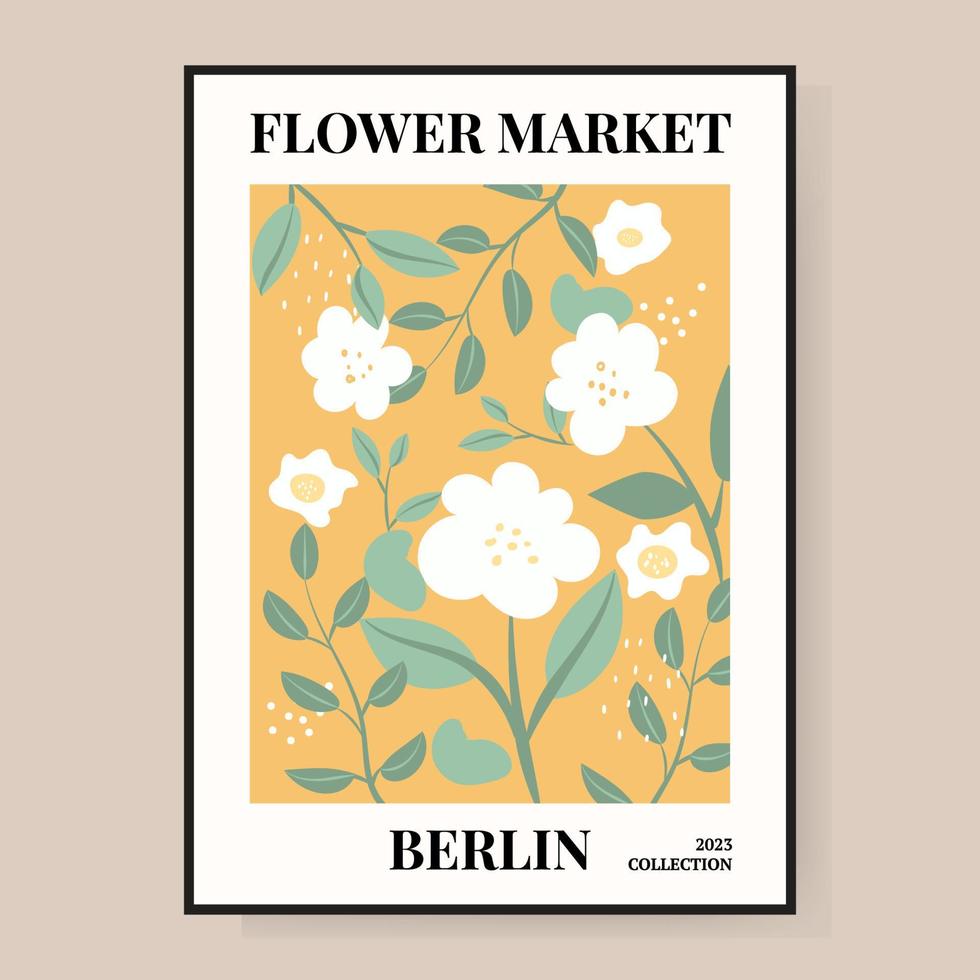 Flower market poster. Abstract floral illustration. Poster for postcards, wall art, banner, background, for printing. Vector illustration.