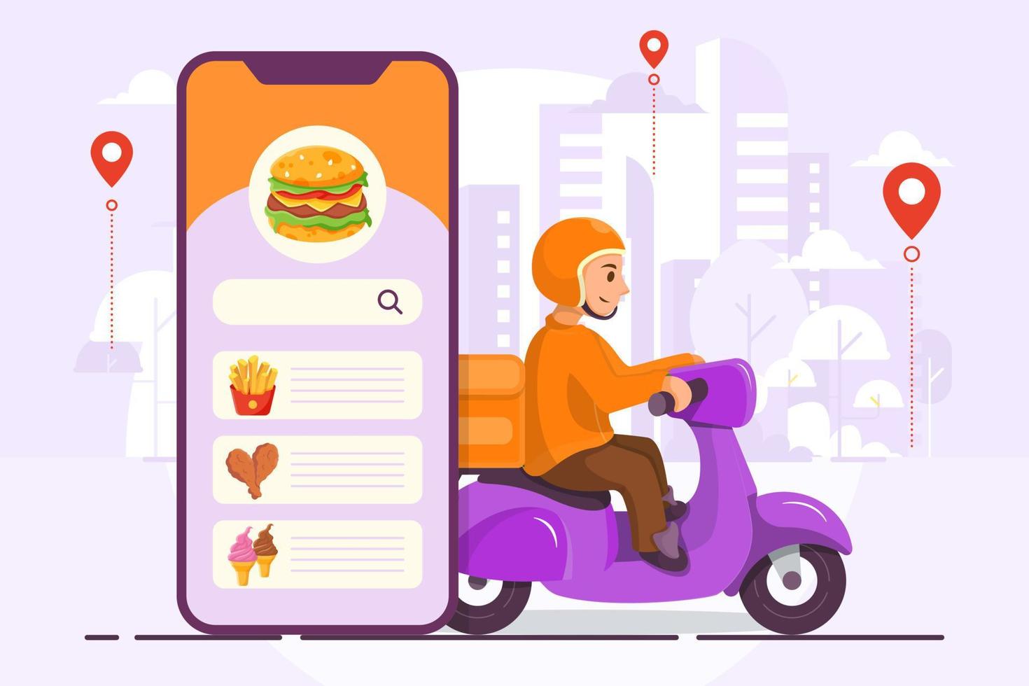 Food delivery man in city with smatphone flat design vector