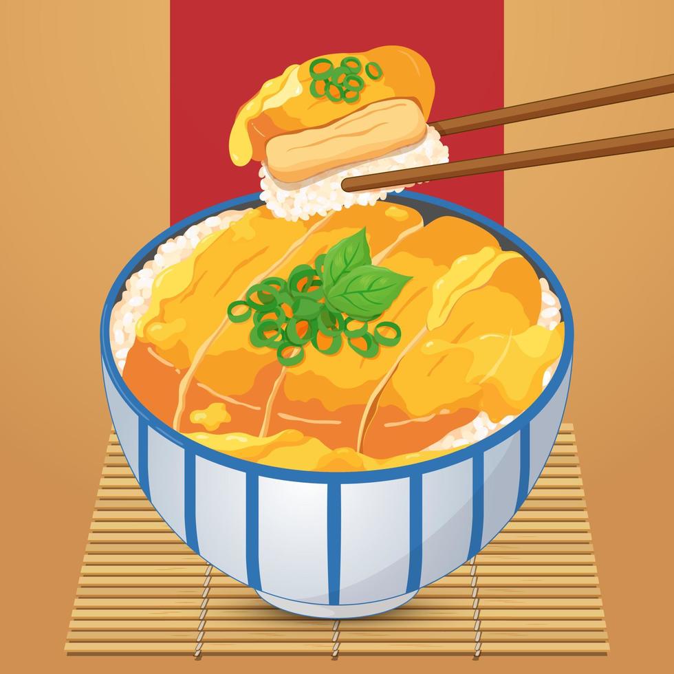 Receta japonesa de chuleta de cerdo frita katsudon aislada en el vector de ilustración de fondo de bambú