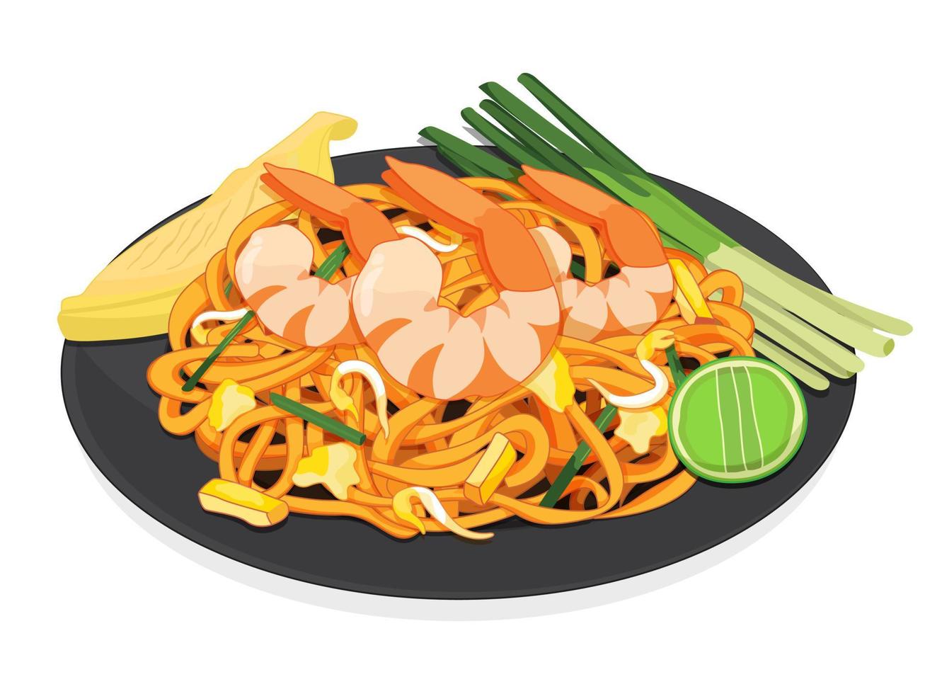 Traditional thailand shrimp or prawn pad thai noodles recipes isolated illustration vector