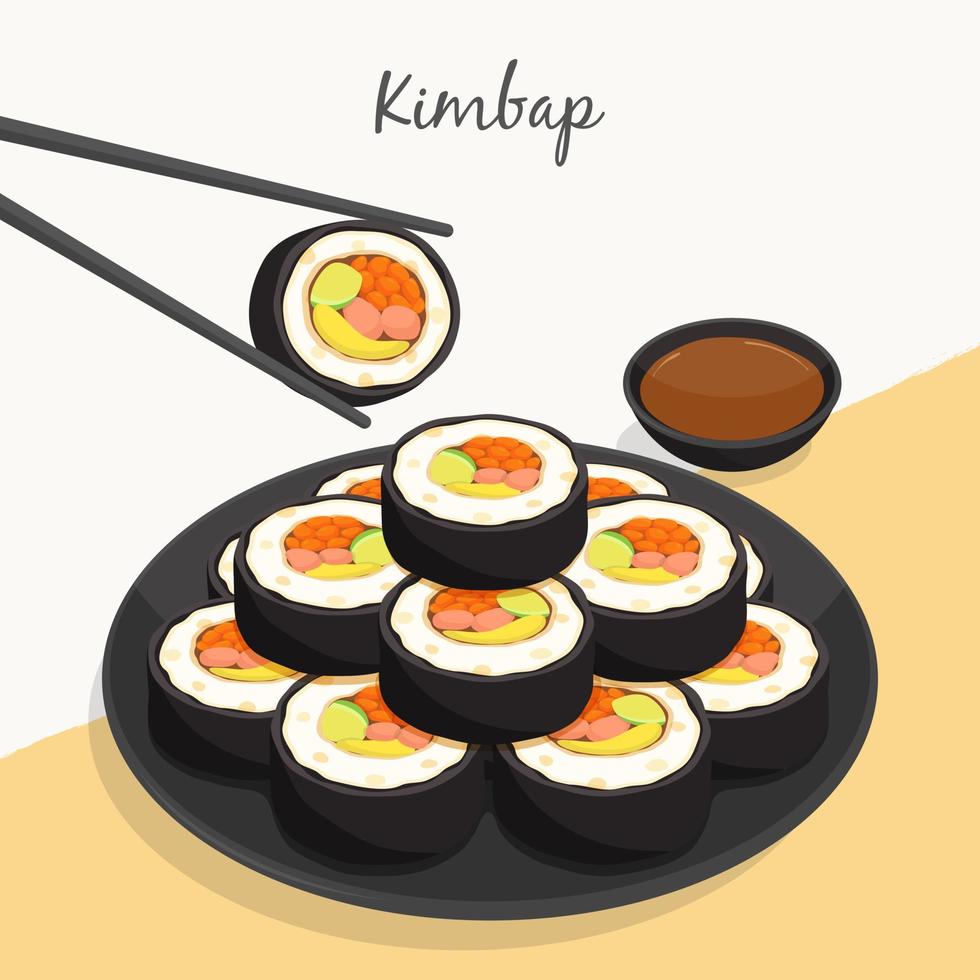 rollo de arroz de algas kimbap en placa negra con vector de ilustración de receta de salsa de soja.