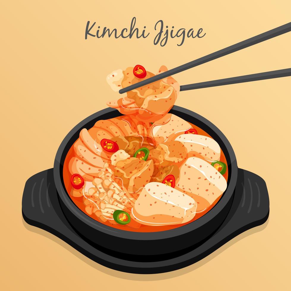 Kimchi Jjigae spicy kimchi stew in black bowl recipe illustration vector. vector