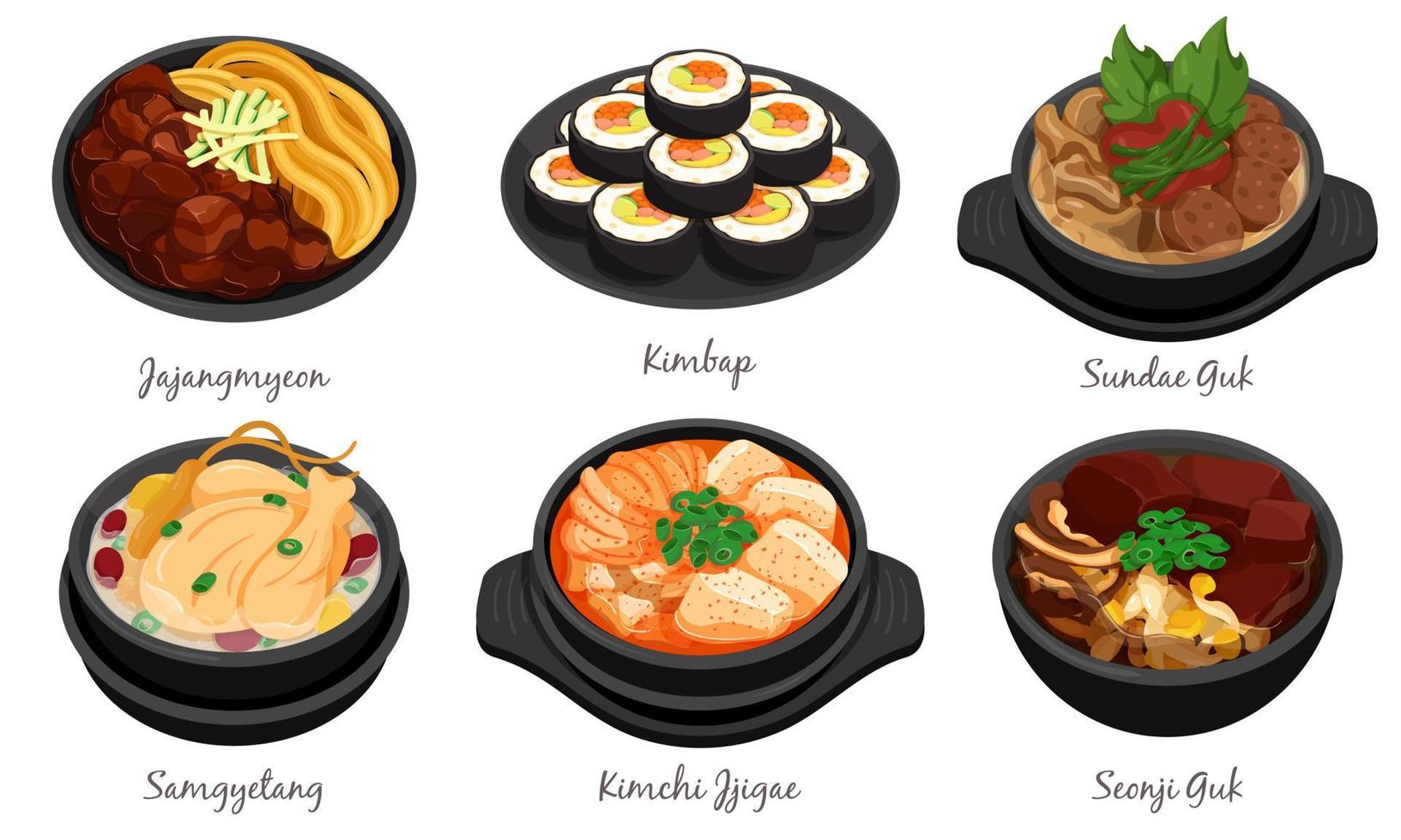Korean food set menu isolated on white background illustration vector. Kimbap, Jajangmyeon, Sundae Guk, Samgyetang, Kimchi Jjigae and Seonji Guk. vector