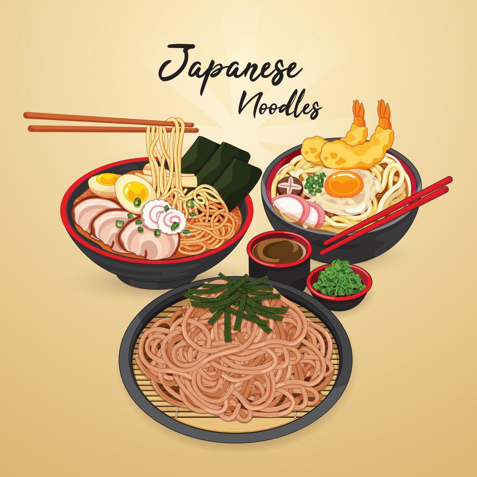 Japanese ramen udon and soba noodles recipe illustration vector. vector