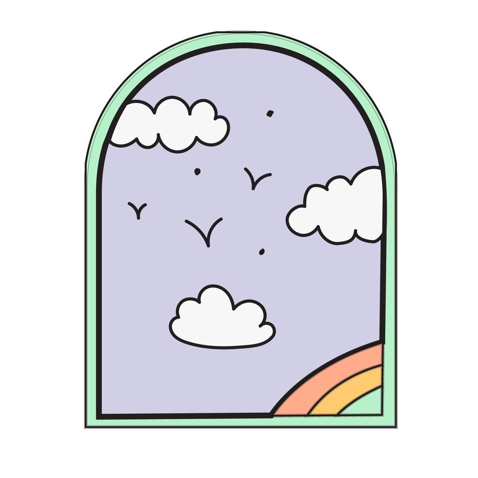 ventana con el sol, el cielo, los pájaros y un arco iris. logotipo, insignia, insignia, pancarta, póster, pegatina, sello vector