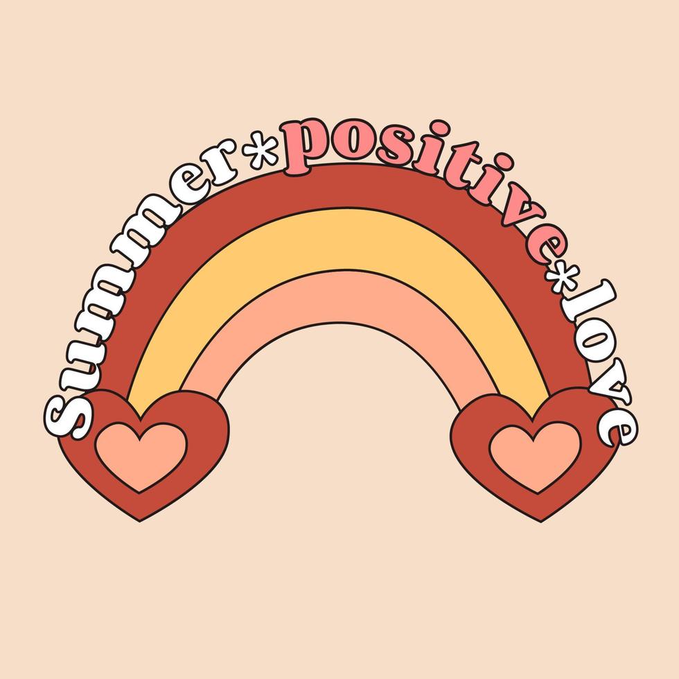 Summer positive love. Retro rainbow with vector illustration of hearts isolated on white. Printing for T-shirt or sticker.