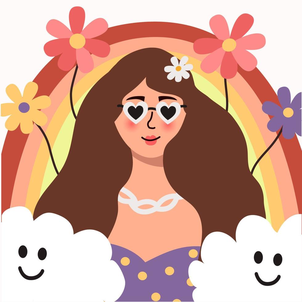 beautiful woman with dark hair on a background of rainbows and clouds. Vector concept for Mother's Day, Valentine's Day, Women's Day on March 8.