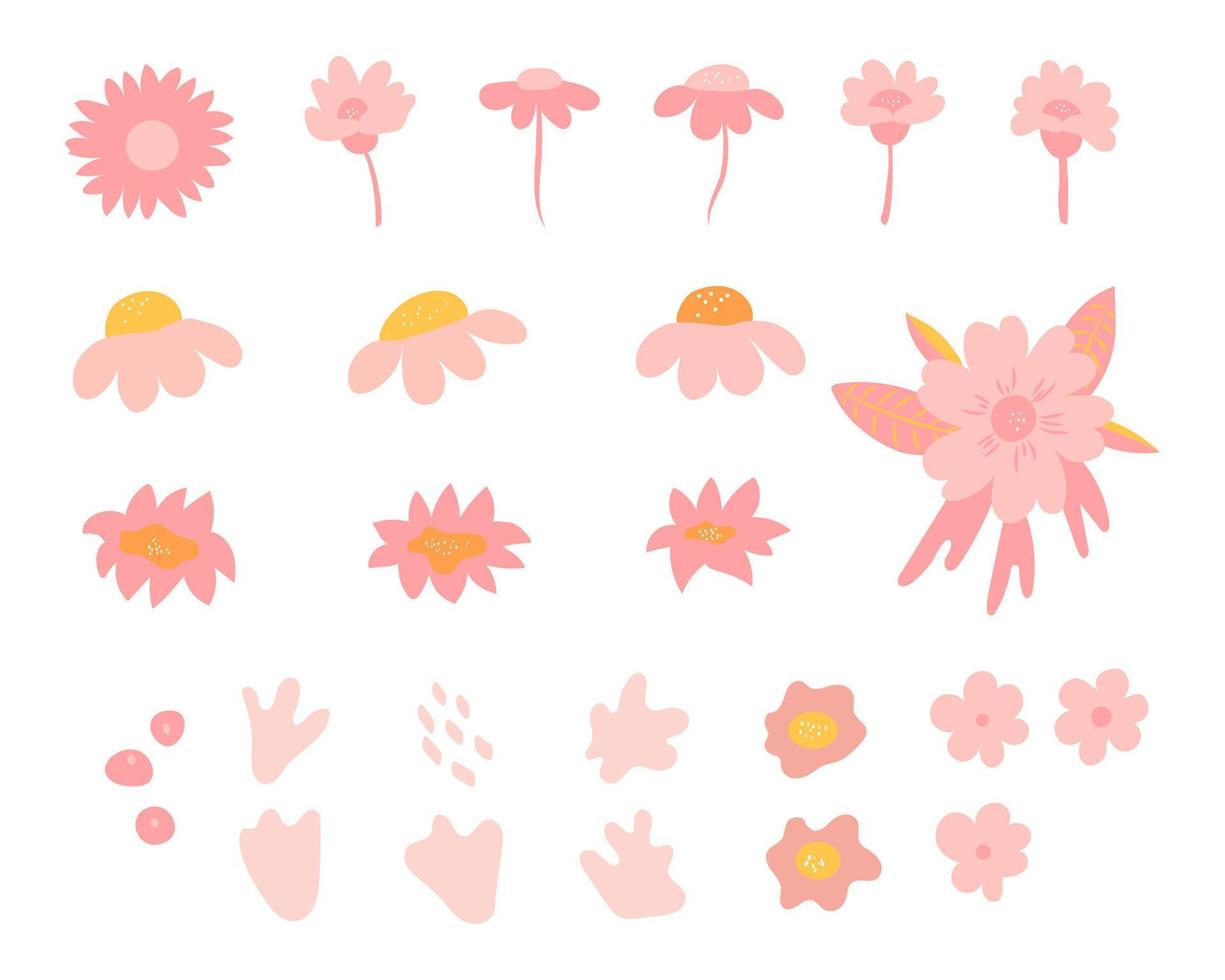 Flower collection. Vector pink flowers. Spring art print with botanical elements. Happy Easter. Folk style. Posters for the spring holiday. icons isolated on white background.