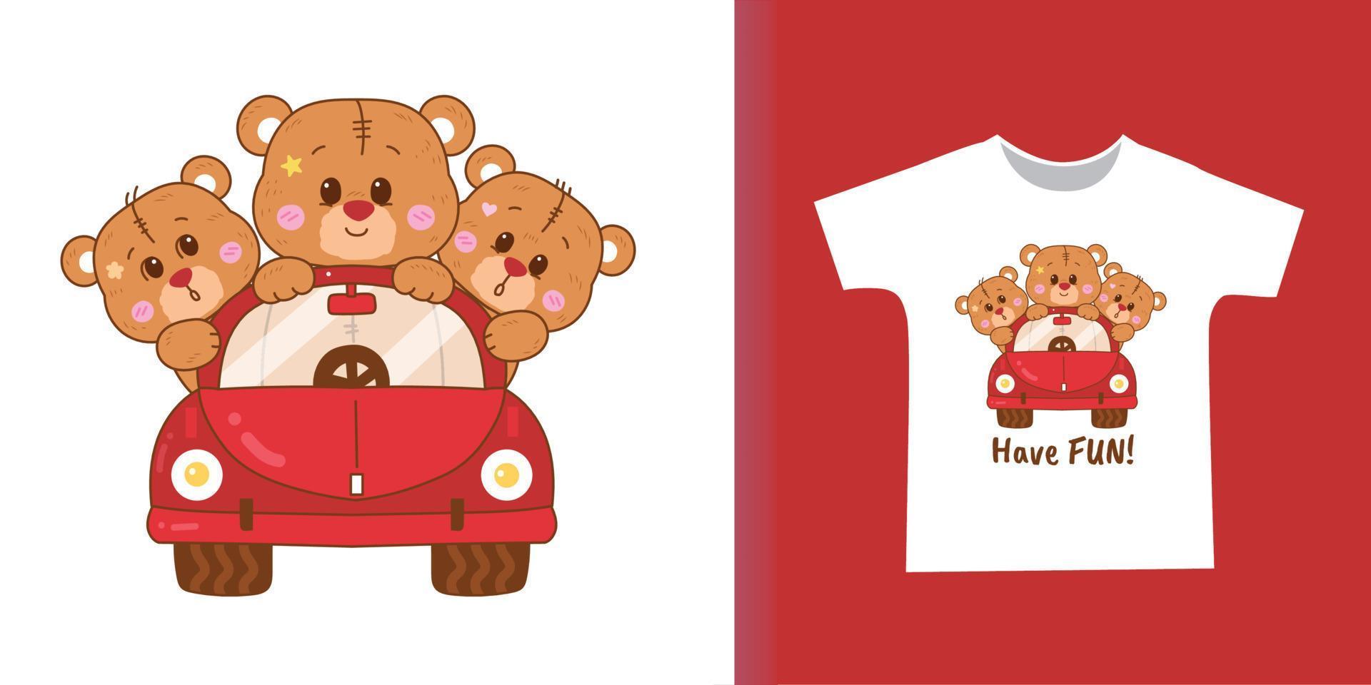 cute bears on the car cartoon for T-shirt design. vector