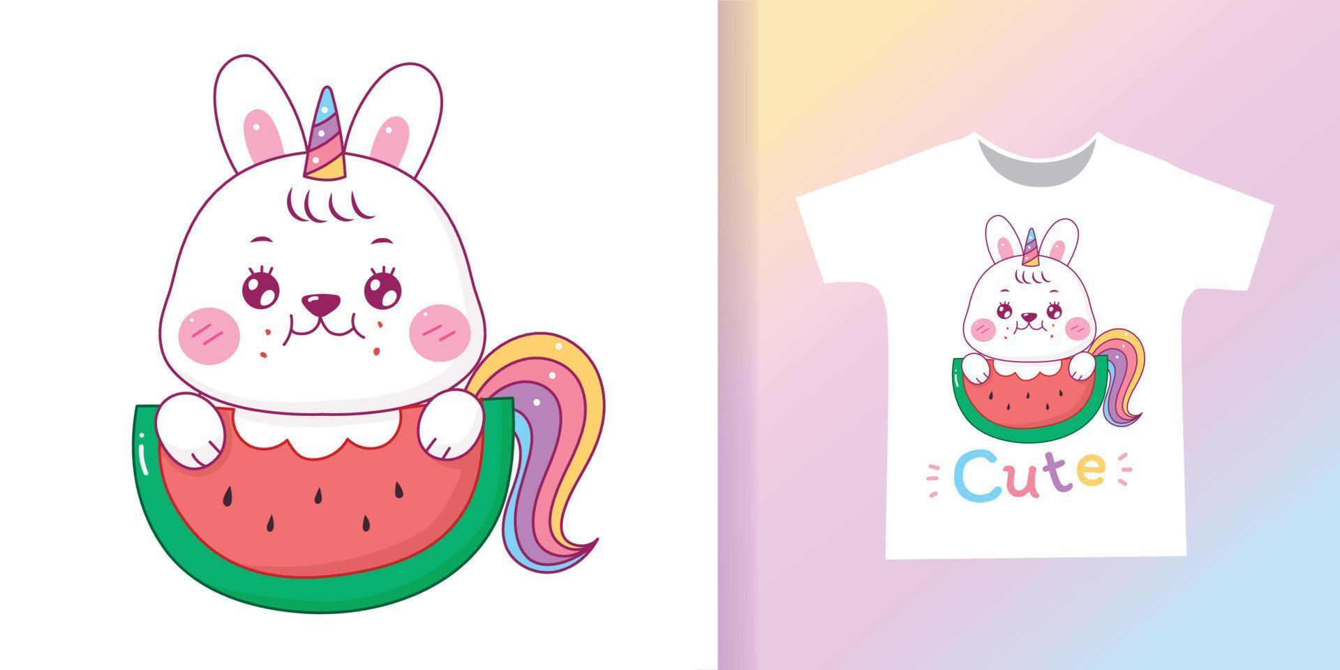 cute rabbit unicorn eating watermelon cartoon pastel color for t-shirt. vector