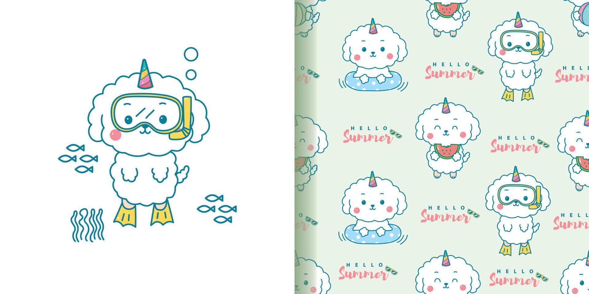 cute white dog unicorn cartoon seamless pattern for summer time. vector
