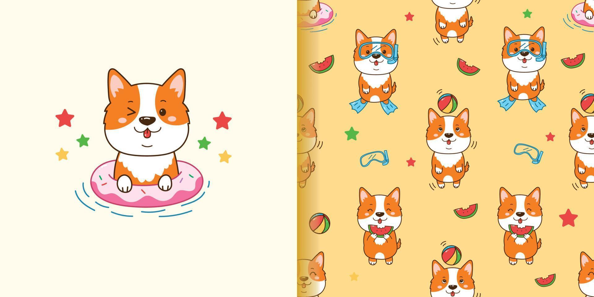 cute corgi dog cartoon seamless pattern for summer time. vector