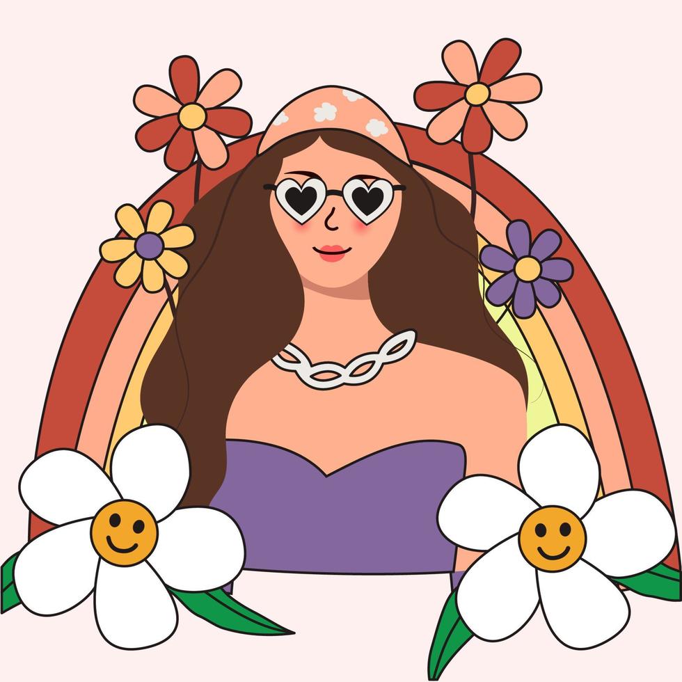 beautiful woman with dark hair on a background of rainbows and flowers. Vector concept for Mother's Day, Valentine's Day, Women's Day on March 8