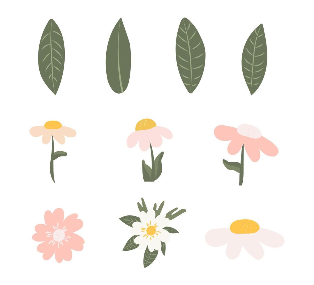 colección de flores y hojas de flores. flores rosas y blancas vectoriales. carteles para las vacaciones de primavera. iconos resaltados en un fondo blanco vector