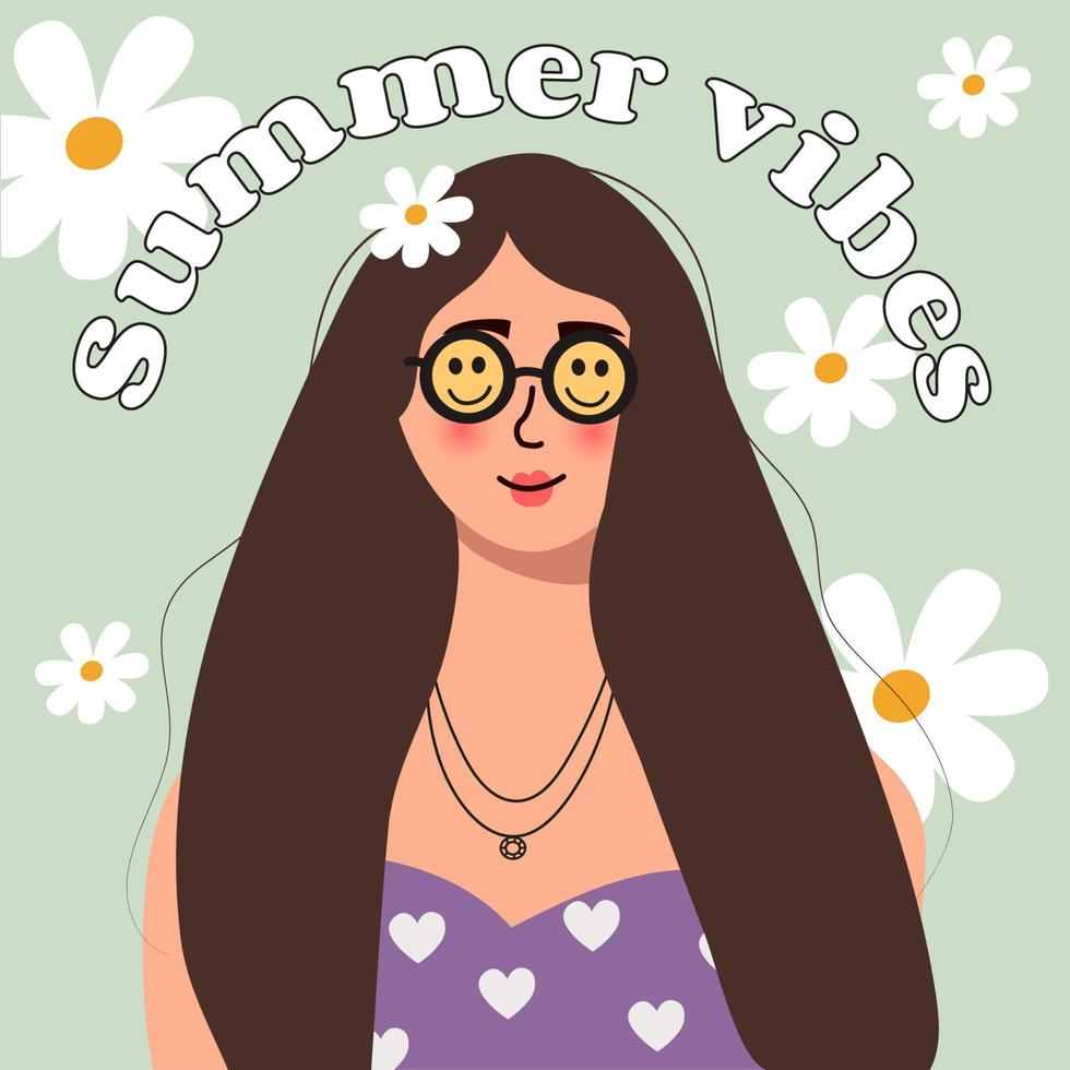 vibras de verano. hermosa mujer con cabello oscuro sobre un fondo de flores. el concepto vectorial para la madre es el día, San Valentín es el día, la mujer es el día el 8 de marzo vector