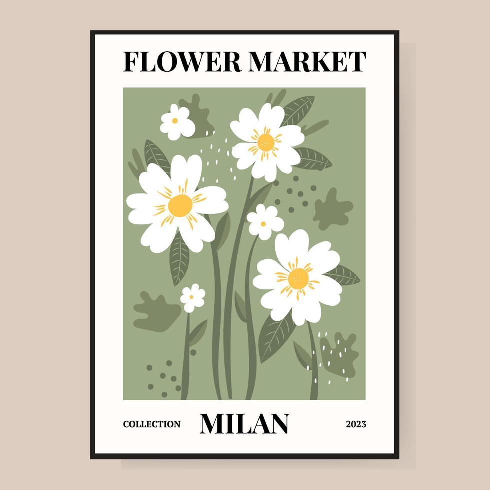 Flower market poster. Abstract floral illustration. Poster for postcards, wall art, banner, background, for printing. Vector illustration.