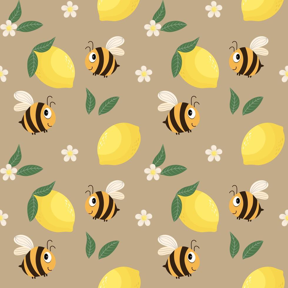 patrón impecable, lindas y graciosas abejas ocupadas y limones con flores  blancas sobre un fondo beige. estampado, textil, para niños, papel pintado,  portada. 7885152 Vector en Vecteezy