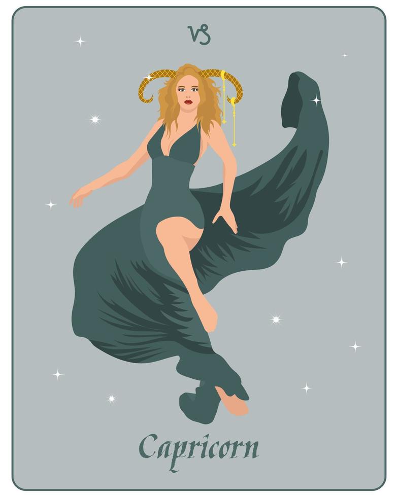 signo zodiacal astrológico capricornio, una hermosa mujer mágica con cuernos sobre un fondo suave con estrellas. póster, imágenes prediseñadas, tarot vector