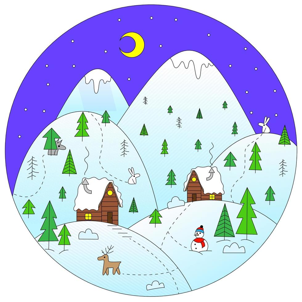 paisaje invernal con casas de madera, animales salvajes y un muñeco de nieve. bosque de montaña en la nieve. noche de invierno. ilustración vectorial de dibujos animados vector