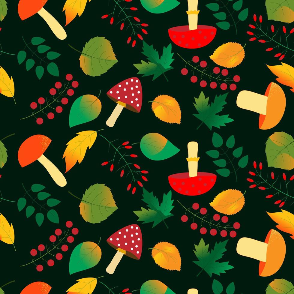 Seamless pattern of edible and inedible mushrooms, berries on a branch and autumn leaves on a dark green background. Texture for fabric, drawing labels, print on t-shirt, wallpaper etc. Vector