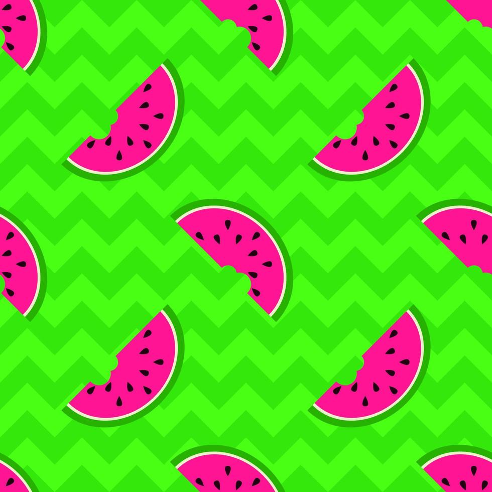 Geometric watermelon slice seamless pattern. Summer retro style 80s - 90s. Bright background with triangles and fruits. Great for fabric, packaging, wallpaper, print. Vector illustration