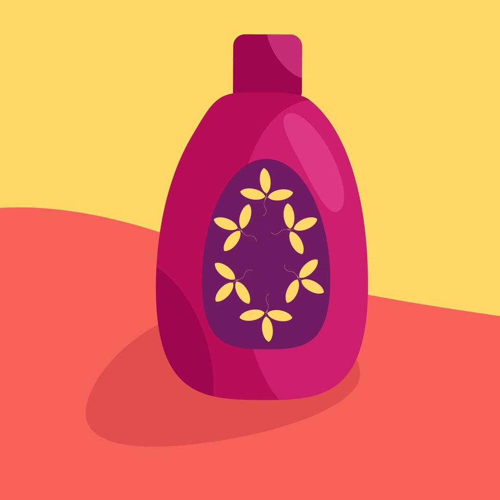 botella roja brillante con cosméticos sobre un fondo amarillo-naranja con una sombra vector